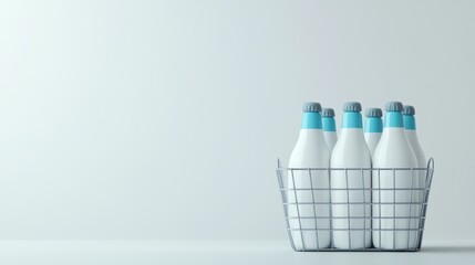 A milk bottle in the style of White and Blue, with a wire carton basket for carrying five bottles