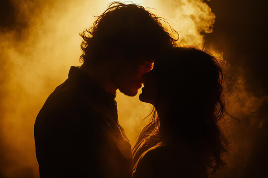 man in profile with his back to the camera, illuminated by yellow light from above, is holding his woman and kissing her. Smoke rises around him, creating a dreamy atmosphere