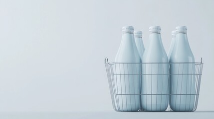 A milk bottle in the style of White and Blue, with a wire carton basket for carrying five bottles