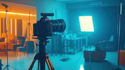 A camera and tripod set up for a stock photo shoot in an indoor studio with bright lighting