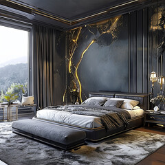 interior of a bedroom bedroom window with a mountain view