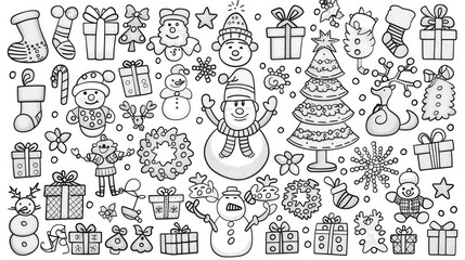 A large set of cute doodle clip art in black and white line drawings 