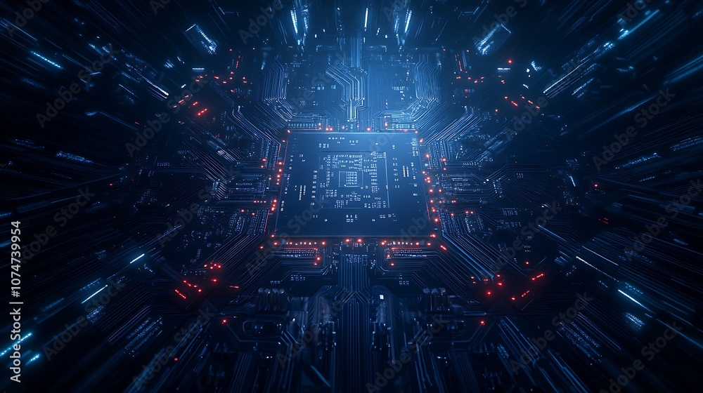 Aufkleber A futuristic digital landscape with glowing circuits and a central glowing core, conveying a sense of advanced technology and data flow.