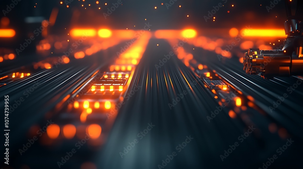 Poster a close-up view of illuminated technological circuitry, showcasing vibrant orange lights against a d