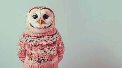 an owl wearing a Christmas sweater on a pastel background, a funny portrait in a minimalistic style