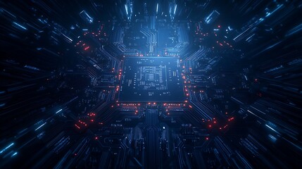 Fototapeta premium A futuristic digital landscape with glowing circuits and a central glowing core, conveying a sense of advanced technology and data flow.