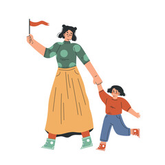 Preschool Girl with Woman Kindergarten Teacher Walking Holding Hand Vector Illustration