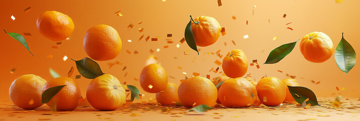 Falling tangerines with natural leaves and golden confetti on a solid orange background
