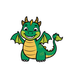 Fototapeta premium Cartoon Dragon sticker with large happy eyes, green scales, golden accents, and playful expression, generative ai