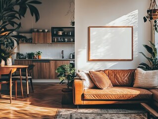 A living room with a couch, a coffee table, and a kitchen. The couch is brown and has pillows on it. There are potted plants in the room, one on the left side and another on the right side