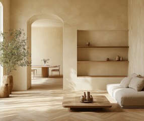 A living room with a couch and a coffee table. The coffee table has a vase on it