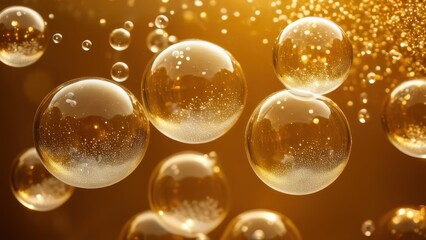 Elegant golden bubbles reflecting light, creating a mesmerizing illusion on a soft, sparkly surface