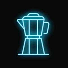 Blue neon sign representing a moka pot coffee maker, isolated on a black background
