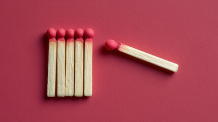 A lit match placed near a line of unlit matches. These matches have red phosphorus on a dark red background. It represents the beginning of something or the start of a process.