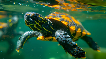 Fototapeta premium Amazon Big-headed River Turtle swimming in clear waters, its shell and limbs visible