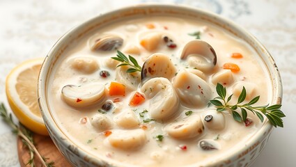 A bowl of creamy Clam Chowder with chunks of potatoes and herbs