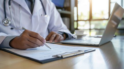 Closeup of a doctor's hands holding medical records and writing on a clipboard