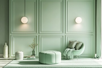 Mint green decor in a contemporary living room with square panels and matching ottoman.