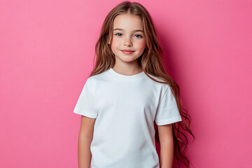 Caucasian girl with brown hair in white t-shirt on pink background. Mockup template for brand, print and advertising. Studio shooting of cute little model.