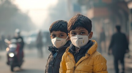 Children Wearing Masks Due to Air Pollution. Kids wearing face masks to protect against smog