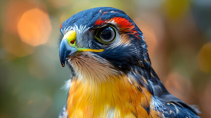 Fototapeta premium Amazon Black-faced Hawk head, showcasing its beak and feathers with a blurred background