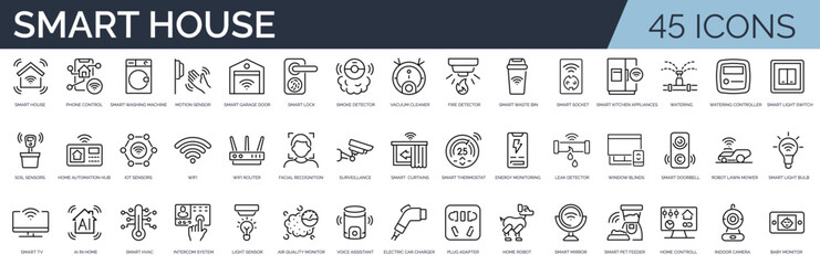 Set of 45 outline icons related to smart house. Linear icon collection. Editable stroke. Vector illustration	