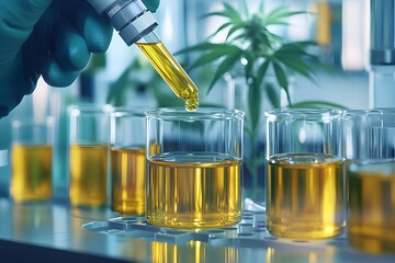 Cannabis oil extraction process in laboratory, close-up view of golden oil in glass beakers, precision testing and quality control, natural plant-based extraction research