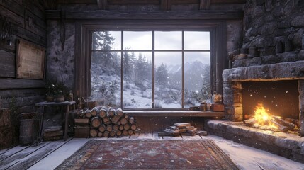 Cozy Cabin Interior with Snowy Mountain View and Fireplace
