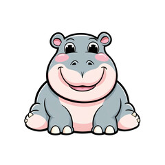 Cartoon style hippopotamus sticker with large eyes and happy smile on white background, generative ai