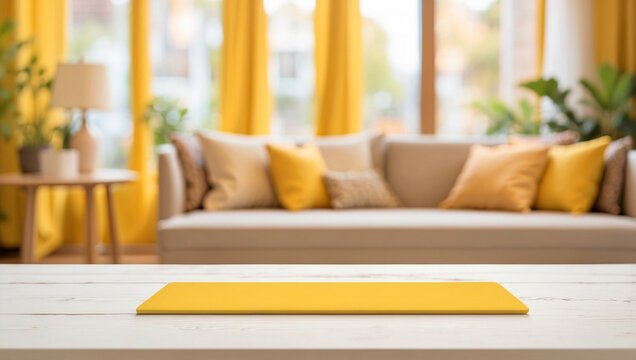 The empty white wooden table top with blur background of yellow living room. For product display
