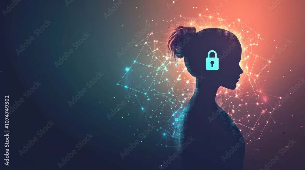 Leinwandbilder A digital representation showcases a silhouette with a lock symbol, highlighting the importance of privacy protection in artificial intelligence. Generative AI