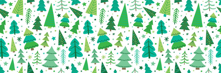 Obraz premium Cute Christmas pattern with colourful trees and snowflakes. Wallpaper concept. Vector illustration