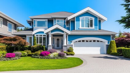 Blue House with White Trim and Black Roof - Modern Home Exterior Design