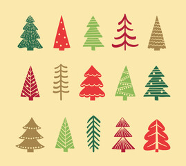 Colourful Christmas tree collection. Holiday ornaments. Vector illustration