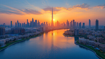 Fototapeta premium Modern city skyline illuminates the sunset over the tranquil waters of the city