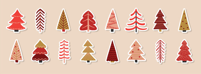 Collection of a cartoon Christmas tree stickers. Holiday ornaments. Vector illustration