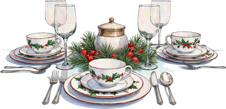 Festive Christmas dinner table with holiday china and decor