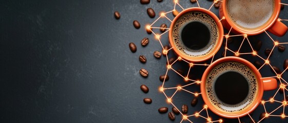 Three orange coffee cups filled with black coffee sit on a dark background, surrounded by coffee beans and decorative string lights.