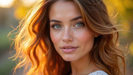 Fototapeta premium Sunlight filters through trees as a young woman gazes confidently, her long wavy hair glowing in the warm evening light, creating a serene atmosphere