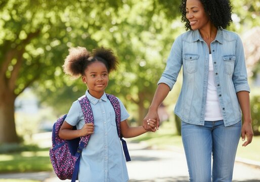 Mother and daughter holding hands and walking on a sunny day, going to school - Powered by Adobe