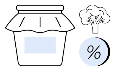 Jar with blank label, broccoli icon, percentage symbol in circle. Ideal for food packaging, nutrition labels, organic products, healthy eating, grocery stores, diet planning, cooking recipes. Line