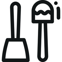 Two simple black icons of a shovel and a scoop representing gardening tools commonly used for digging and planting in various outdoor activities