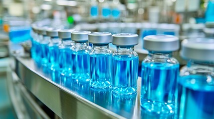 Glass ampoules with blue liquid moving along an automatic conveyor line in pharmaceutical production, illustrating the vaccine manufacturing process for coronavirus
