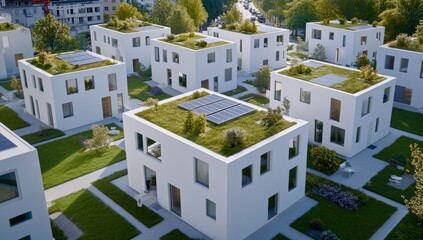 Obraz premium Aerial View of Modern Apartment Buildings with Green Roofs