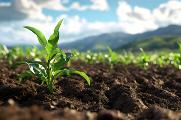 Vibrant green plant growing in rich soil with mountains in the background, representing sustainable farming, growth, nature, organic agriculture, environmental care, and eco-friendly practices