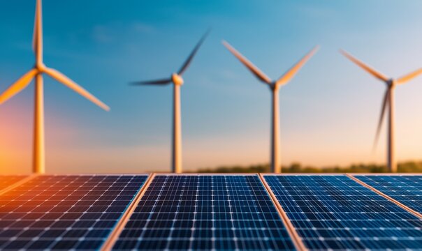 A sunny landscape featuring solar panels in the foreground and wind turbines in the background, symbolizing renewable energy.