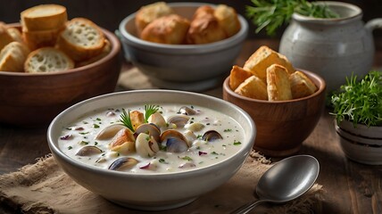 A bowl of creamy Clam Chowder with chunks of potatoes and herbs