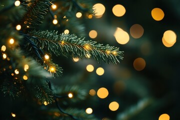 A close-up of the lights on an evergreen tree christmas background bokeh.
