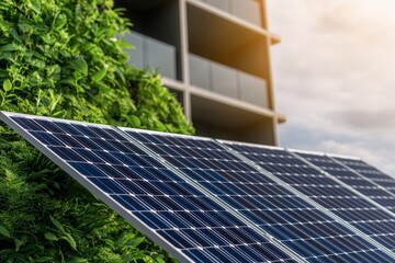 Fototapeta premium A solar panel is positioned in front of a green hedge, reflecting sunlight with a modern building in the background, highlighting sustainable energy solutions.