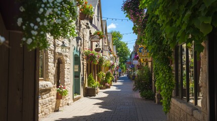 Fototapeta premium Quaint Small-Town Charm: Historic Main Street Bursting with Local Shops and Cafes in Vibrant Activity